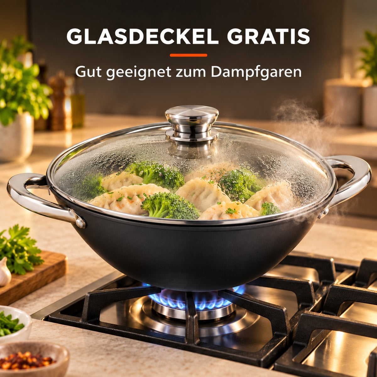 Le Nantai – Wok Set 4 Personen, GLASDECKEL GRATIS: Gut geeignet zum Dampfgaren
