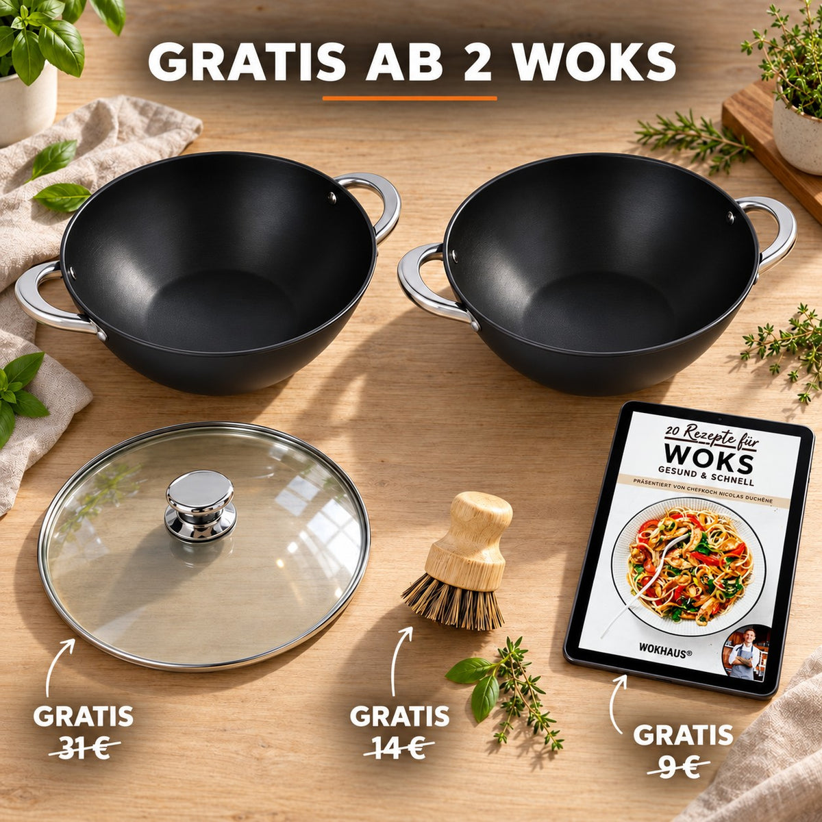 Le Nantai – Wok Set 4 Personen, GRATIS AB 2 WOKS: Glasdeckel (31 €), Bambusbürste (14 €), Rezeptbuch (9 €)