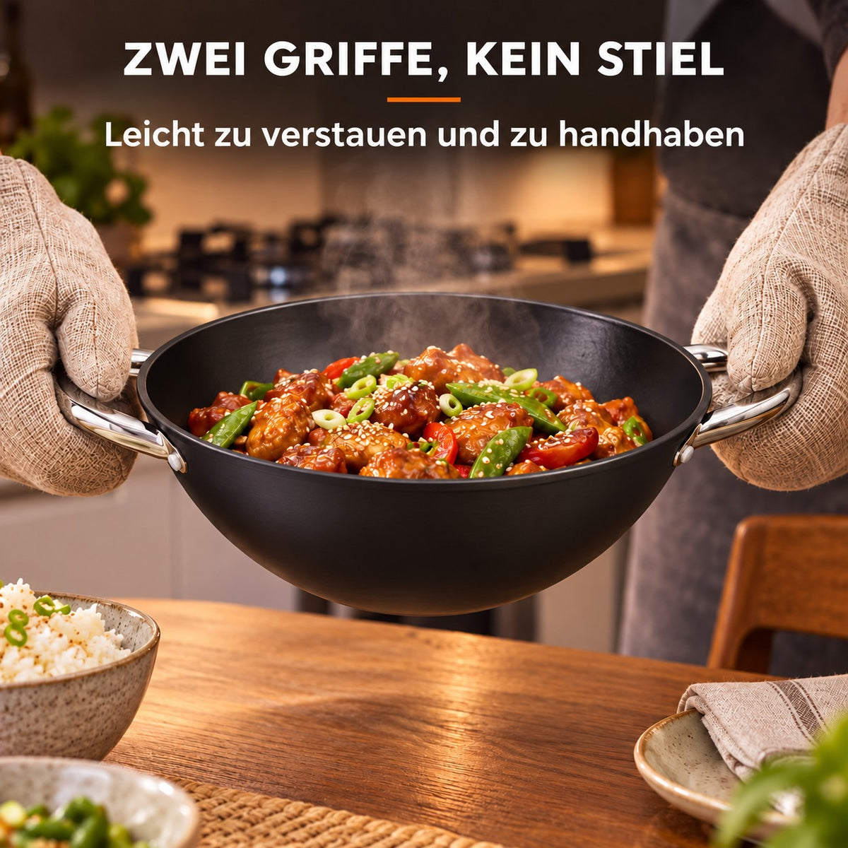 Le Nantai – Wok Set 4 Personen, ZWEI GRIFFE, KEIN STIEL: Leicht zu verstauen und zu handhaben